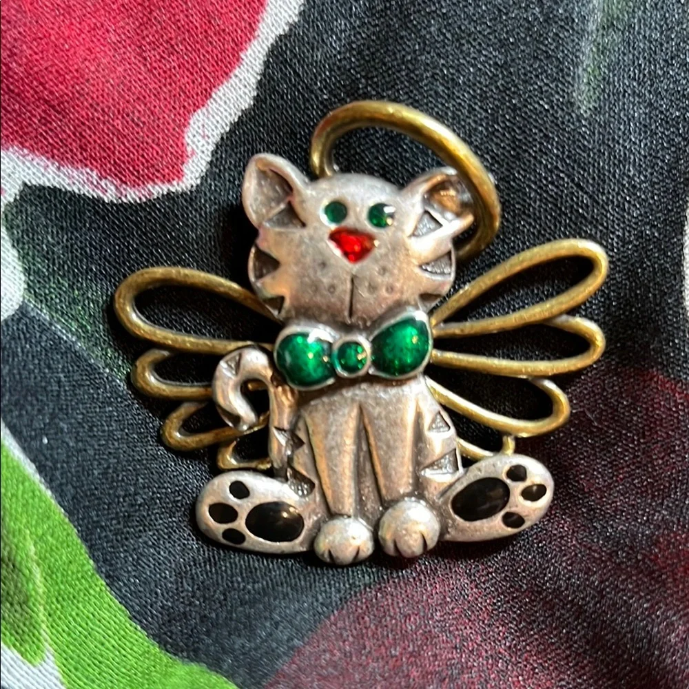Gold and Silver tone Cat Angel Brooch